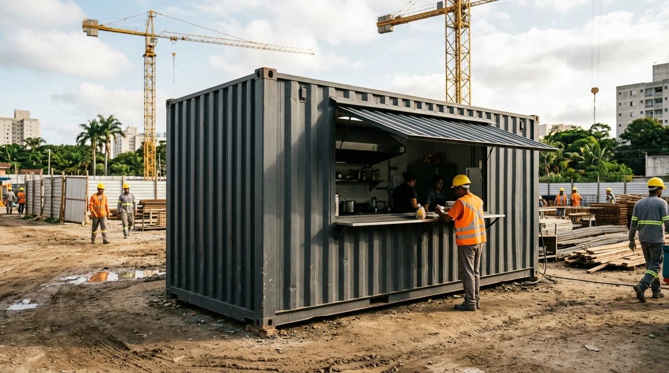Container cozinha aberto no canteiro com trabalhadores