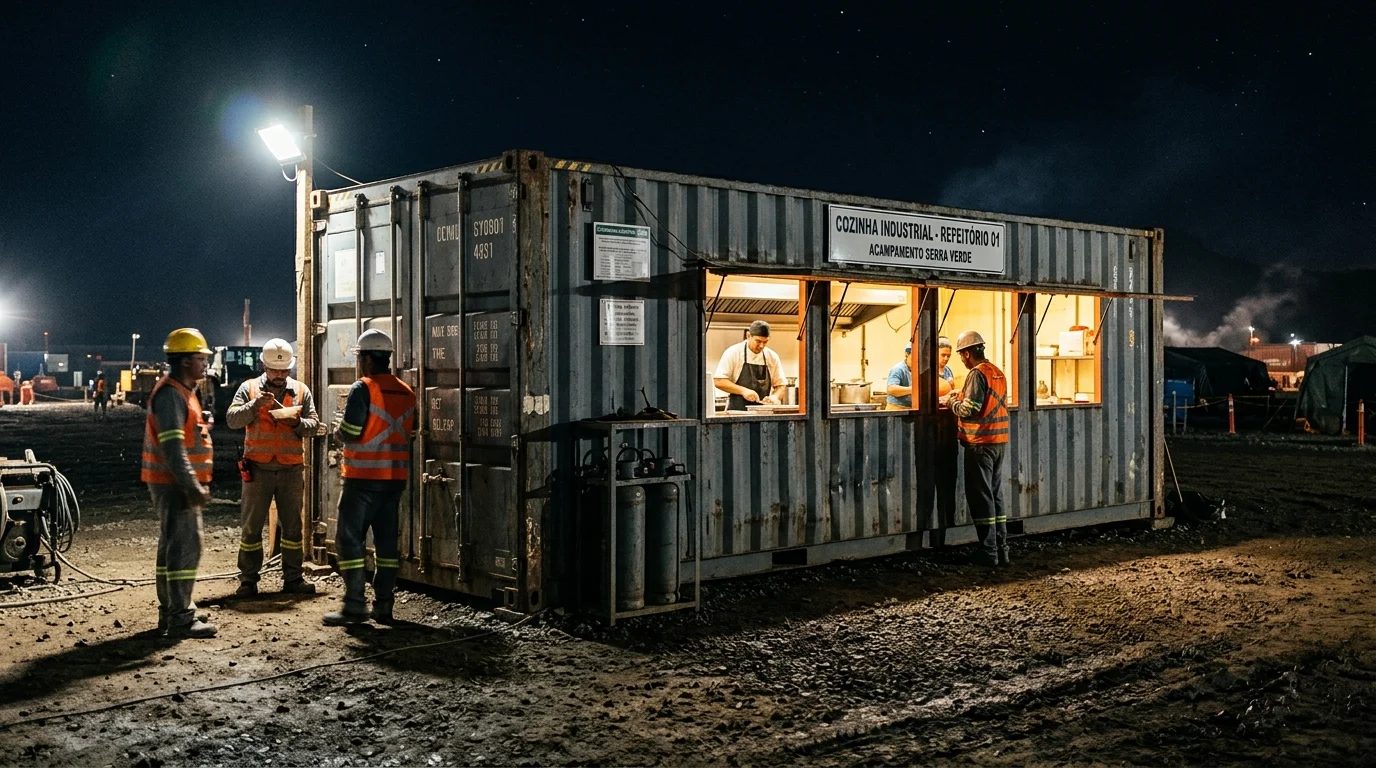 Operação noturna — cozinheiros servindo trabalhadores no canteiro à noite