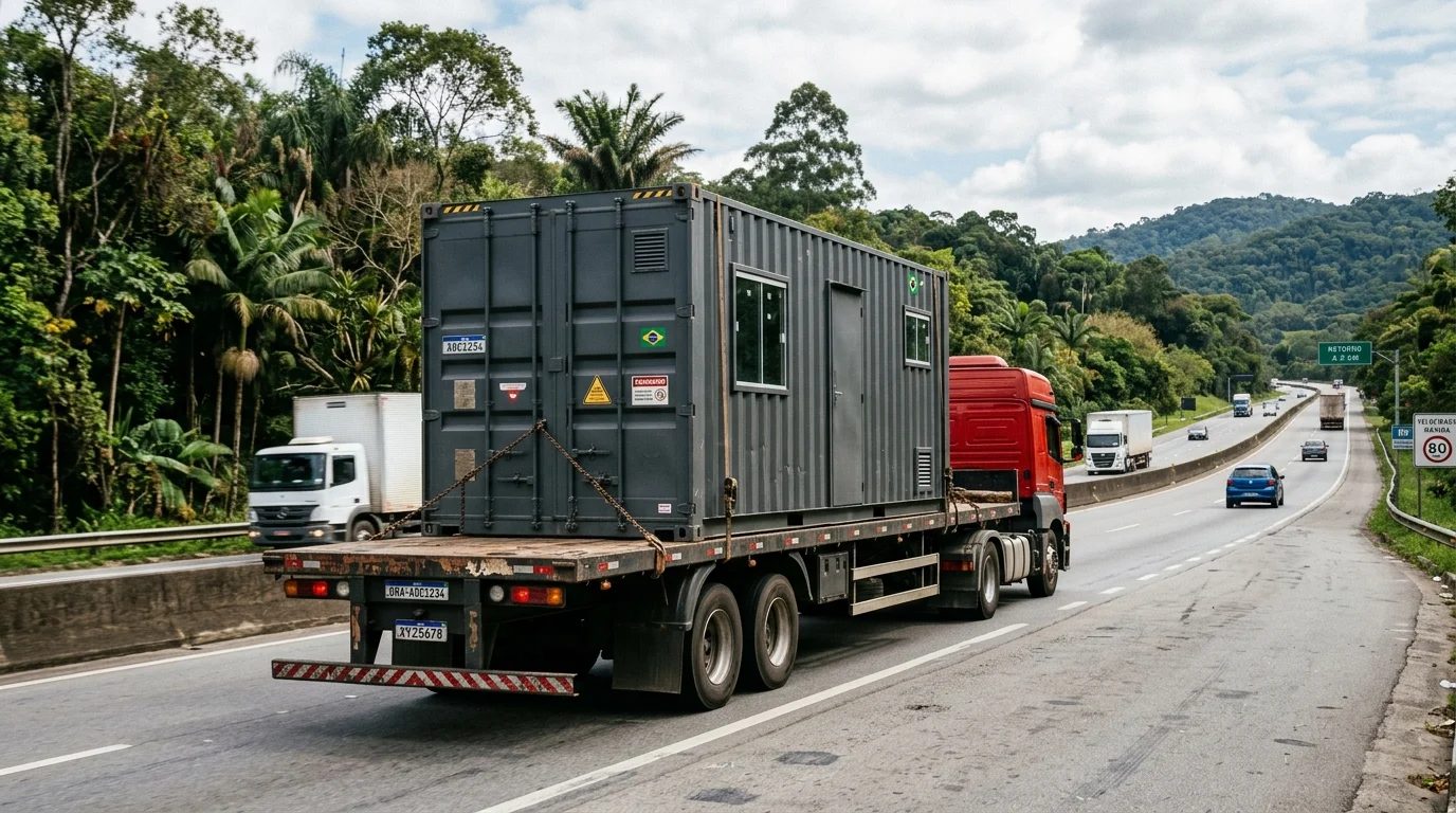 Container sendo transportado em rodovia para entrega no canteiro